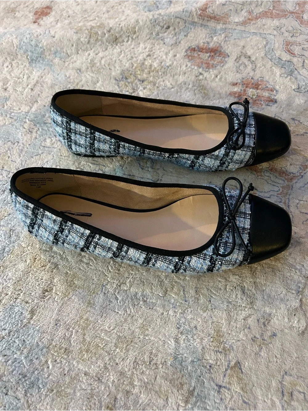LOFT Black Tweed-Patterned Ballet Flats with Bow Trim